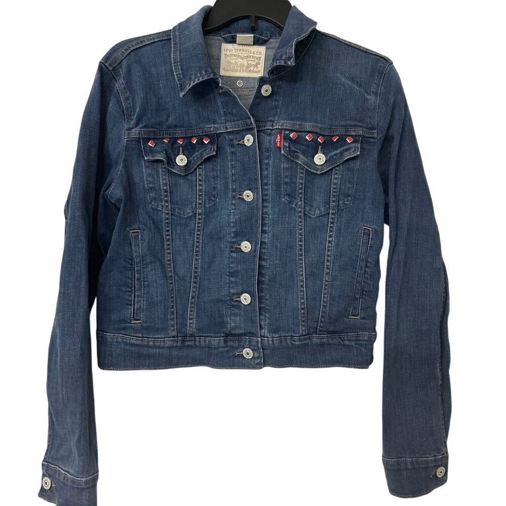 Levi Strauss Blue Stretch Cropped Embellished Western Denim Jean Jacket Lrg